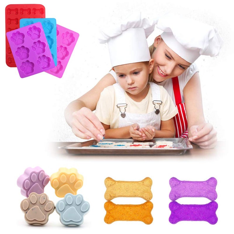 FineGood 4 Pcs Silicone Candy Chocolate Molds, FineGood Puppy Dog Paw & Bone Shaped Ice Cube Trays Cookies Baking Pans for Making Frozen Dog Treats Soap Bars - Red, Blue, Purple, Pink - Image 4